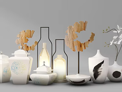Ceramic Vessels Collection With Vases Jars Bowls And Decorative Wooden Accents 3d model