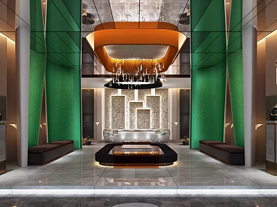Luxurious Hotel Lobby Interior With Chandelier Seating Areas And Decorative Walls 3d model