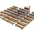 Multiple Wooden Desks Arranged in Rows with Office Supplies on Surface 3d model
