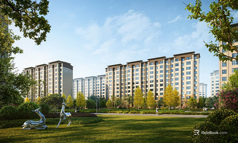 Modern Residential Buildings with Green Lawn Trees and Sculptures Under Blue Sky 3d model 