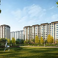 Modern Residential Buildings with Green Lawn Trees and Sculptures Under Blue Sky