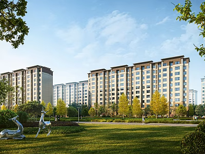 Modern Residential Buildings with Green Lawn Trees and Sculptures Under Blue Sky 3d model