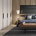 Modern Bedroom Interior With Wooden Wall Paneling Blue Bedding And Bench At Foot Of Bed