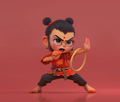 Game Movie Character With Double Buns Red Top Golden Hoop In Fierce Combat Stance 3d model