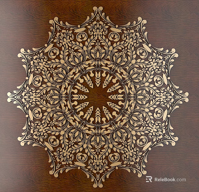 Intricate Round Floral Geometric Wooden Carving Design on Brown Surface 3d model 