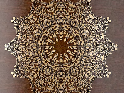 Intricate Round Floral Geometric Wooden Carving Design on Brown Surface 3d model