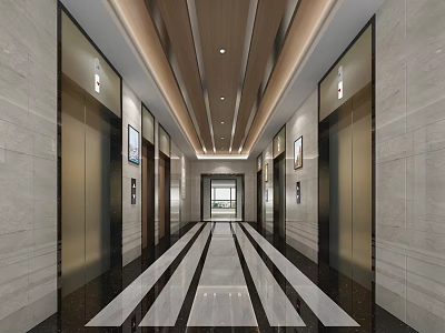 Modern Elevator Lobby With Elevator Doors Stone Walls Wooden Ceiling And Striped Marble Floor 3d model