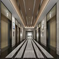 Modern Elevator Lobby With Elevator Doors Stone Walls Wooden Ceiling And Striped Marble Floor