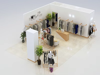Stylish Clothing Store Interior With Hanging Racks Apparel Mannequins And Green Plants 3d model