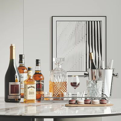 Wine Bottles Glasses And Bar Accessories In Modern Stylish Interior 3d model