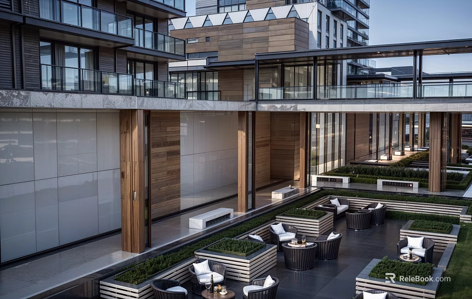 Modern Architecture Outdoor Terrace With Wooden Elements Glass Railings Greenery And Lounge Seating 3d model 