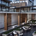 Modern Architecture Outdoor Terrace With Wooden Elements Glass Railings Greenery And Lounge Seating