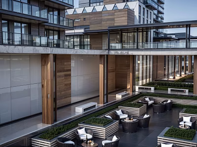 Modern Architecture Outdoor Terrace With Wooden Elements Glass Railings Greenery And Lounge Seating 3d model