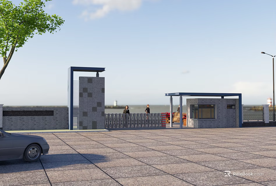 Modern Entrance Gate With Stone Pillars Metal Fence Guardhouse Parking Lot Surface And Blue Sky 3d model 