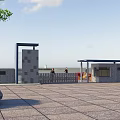 Modern Entrance Gate With Stone Pillars Metal Fence Guardhouse Parking Lot Surface And Blue Sky