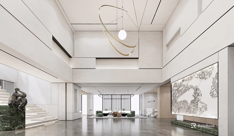 Elegant Modern Sales Office Interior Space With Gold Ring Chandelier Staircase And Sofa Area 3d model 