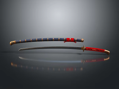 Traditional Japanese Samurai Sword With Blue Red Scabbard And Gold Decorated Hilt 3d model
