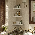 Triple Tiered White Corner Wall Cabinets In Bathroom With Towels Toiletries And Decorative Jars