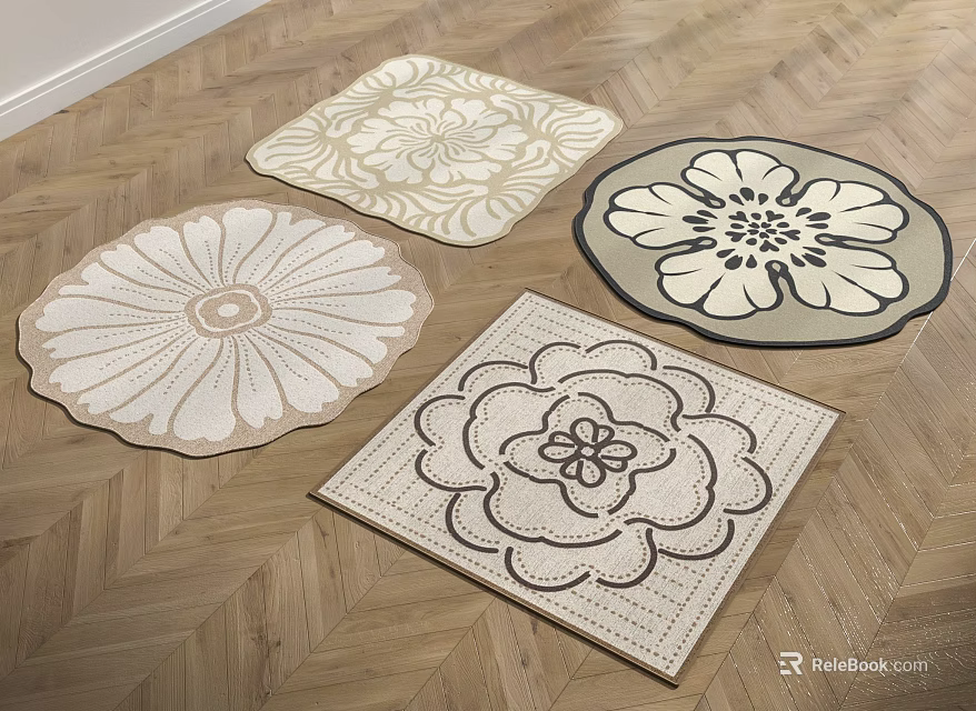 Square Rugs Featuring Different Floral Patterns And Neutral Color Designs 3d model