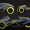 Three Black Motorcycles with Yellow Glowing Lines and Futuristic Design Features