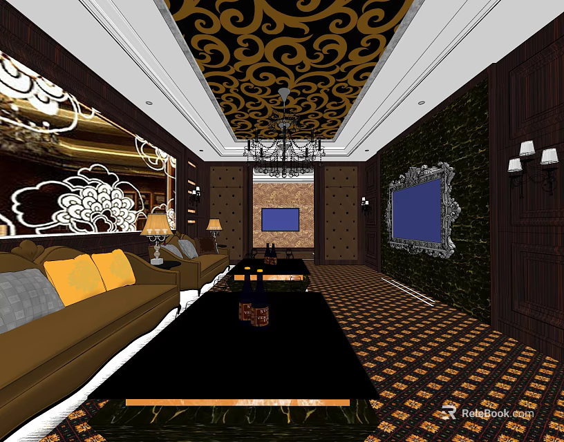 Luxurious KTV Interior Design With Sofa Coffee Table TV Chandelier And Wall Decorations 3d model 