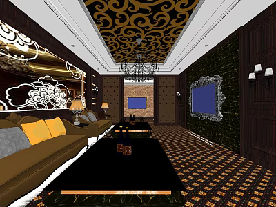 Luxurious KTV Interior Design With Sofa Coffee Table TV Chandelier And Wall Decorations 3d model