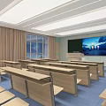 School Modern Classroom Interior With Wooden Desks Blackboard Projector Teacher's Desk And Windows
