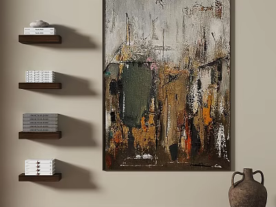 Abstract Painting with Modern Wall Shelves Books and Clay Vase Decor 3d model