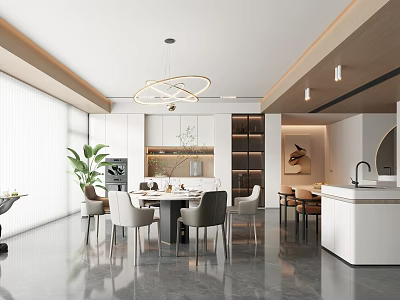 Modern Restaurant Interior Design With Dining Table Chairs Pendant Light Plants And Artwork 3d model