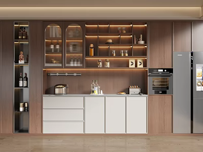 Modern Kitchen Design With Wooden White Cabinets Glass Door Open Shelves And Built In Oven 3d model