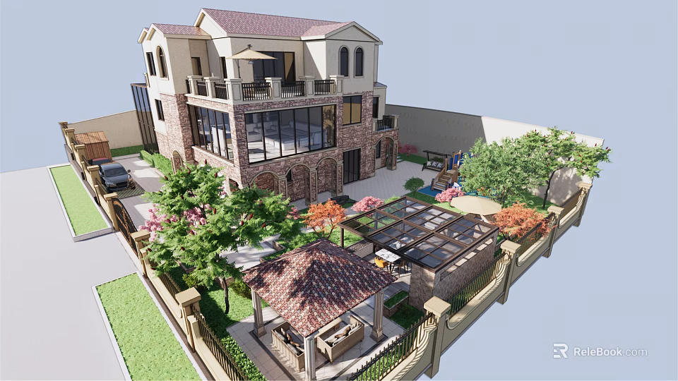 Beautiful Courtyard Garden With Two Story House Pergola Green Plants And Seating Area 3d model 