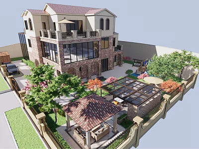 Beautiful Courtyard Garden With Two Story House Pergola Green Plants And Seating Area 3d model