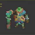 Panda Warrior Character Design With Green Bamboo Staff And Blue Outfit
