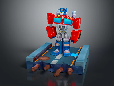 Red And Blue Robot Figure Standing On Platform With Road Design And Pipes 3d model