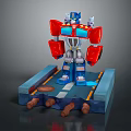 Red And Blue Robot Figure Standing On Platform With Road Design And Pipes