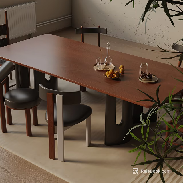 Modern Wooden Dining Table Set With Chairs Fruit Glasses And Plant Decor 3d model 
