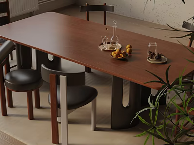 Modern Wooden Dining Table Set With Chairs Fruit Glasses And Plant Decor 3d model