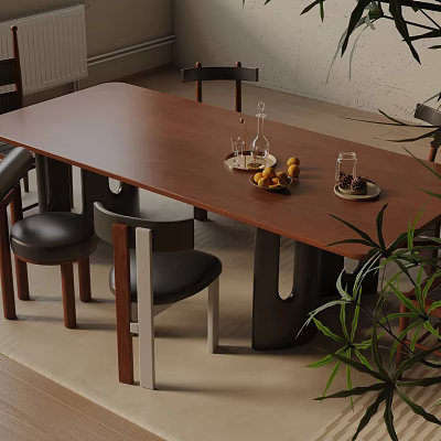 Modern Wooden Dining Table Set With Chairs Fruit Glasses And Plant Decor 3d model