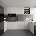 Modern Gray Kitchen Interior With Sleek Gray Cabinets Black Appliances Window And Countertop