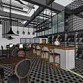 Bright Restaurant Interior With Glass Ceiling Potted Bamboo Wooden Tables Red Chairs And Checkerboard Floor