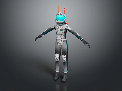 Futuristic Game Movie Character With Blue Helmet Red Antennas Gray White Bodysuit Black Gloves Boots 3d model