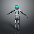 Futuristic Game Movie Character With Blue Helmet Red Antennas Gray White Bodysuit Black Gloves Boots
