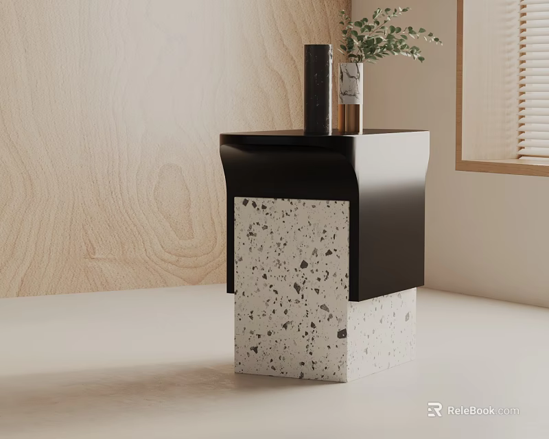 Modern Side Table With Black Top And White Terrazzo Base And Small Plant 3d model 