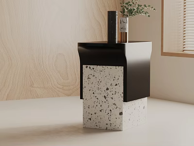 Modern Side Table With Black Top And White Terrazzo Base And Small Plant 3d model