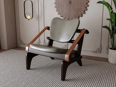 Comfortable Modern Lounge Chair With Leather Seat And Wooden Armrests In Living Room 3d model
