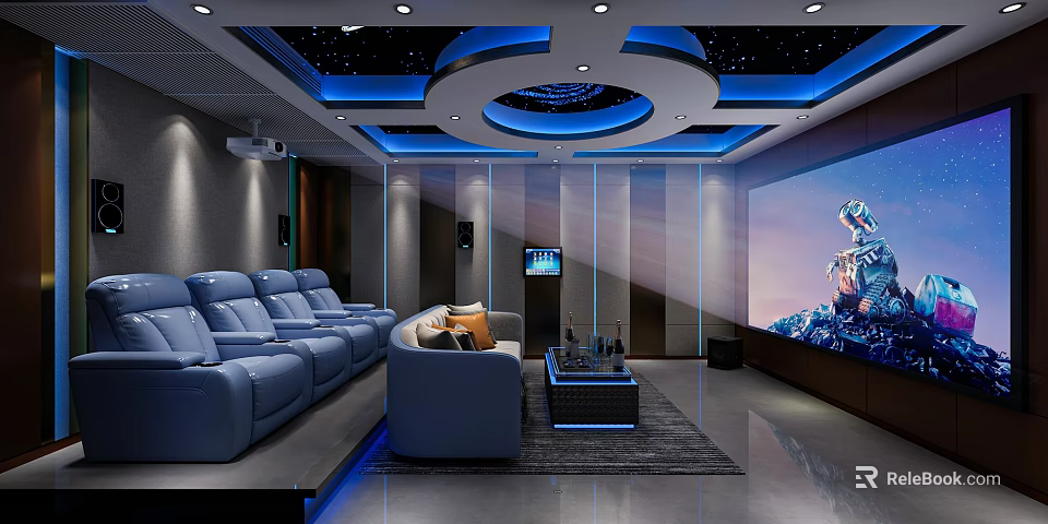 Modern Home Theater Room Interior Design With Blue Lighting Starry Ceiling And Large Projection Screen 3d model 