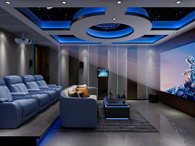 Modern Home Theater Room Interior Design With Blue Lighting Starry Ceiling And Large Projection Screen 3d model