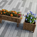 Outdoor Wooden Flower Stands With Green Plants Flowers And People Gardening In Stone Paved