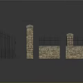 Iron Gate And Stone Pillars With Brick Fence Wall Structure Design