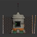 Industrial Cylindrical Structure With Chain Link Fence Checkerboard Floor Tiles Red Antenna And Black Panel